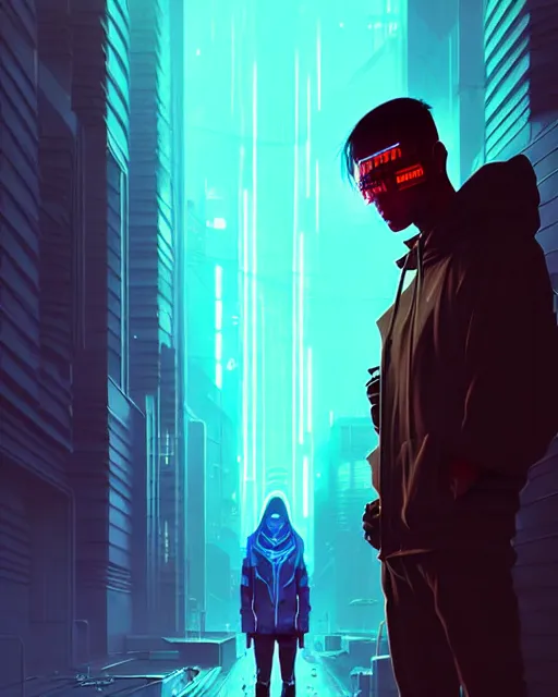 Image similar to cyberpunk synth, hyper - realistic portrait of a man in a hoodie, cyberpunk, anime style, by atey ghailan, by greg rutkowski, by greg tocchini, by james gilleard, by joe fenton, by kaethe butcher, dynamic lighting, gradient light blue, brown, cinematic lighting color scheme, sharp focus, grunge aesthetic