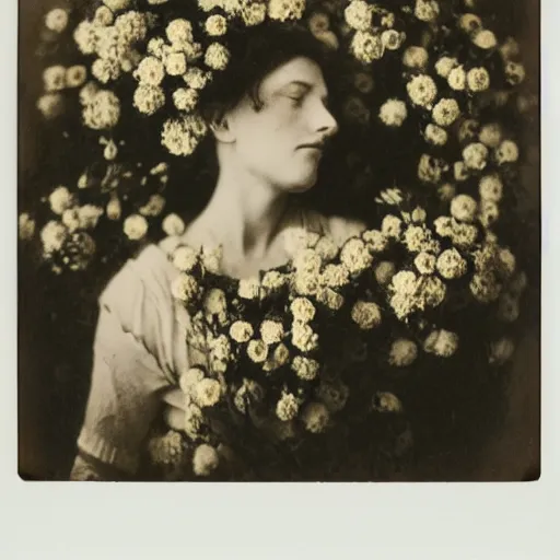 Image similar to woman covered in flowers, 1910 polaroid photography,