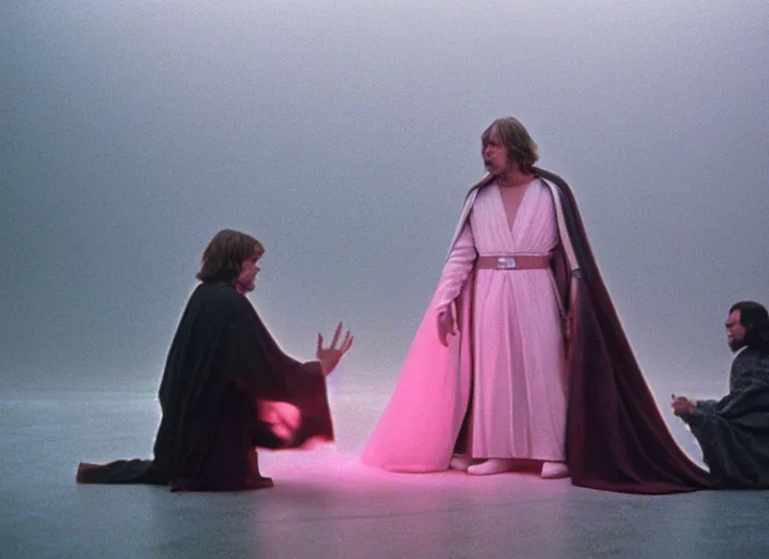 Image similar to Luke skywalker kneels before a strange jedi oracle, a mystic with infinite knowledge of time. in a foggy pink land. still from the 1983 film directed byalejandro jodorowsky. holy mountain, Photographed with Leica Summilux-M 24 mm lens, ISO 100, f/8, Portra 400