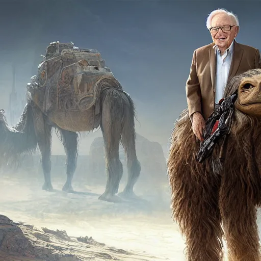 Image similar to warren buffet as a wookie from star wars riding a camel with han solo, ultra realistic, concept art, intricate details, eerie, haunting, highly detailed, photorealistic, octane render, 8 k, unreal engine. art by artgerm and greg rutkowski and charlie bowater and magali villeneuve and alphonse mucha