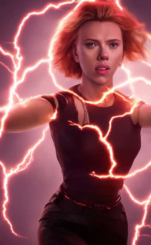 Prompt: Scarlett Johansson casting an electricity spell. Digital art trending on artstation. 4k. Tyndall effect.