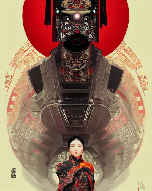 Image similar to portrait of a chinese cyberpunk machine, machine face, robed, upper half portrait, decorated with chinese opera motifs regal royal fierce machine robot cyberpunk fine china, wuxia, traditional chinese art intricate intense elegant highly detailed digital painting artstation concept art smooth sharp focus illustration, art by artgerm and greg rutkowski alphonse mucha 8 k