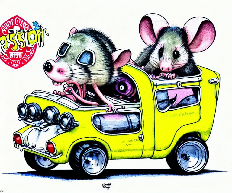 Image similar to cute and funny, opossum wearing a helmet riding in a tiny hot rod with oversized engine, ratfink style by ed roth, centered award winning watercolor pen illustration, isometric illustration by chihiro iwasaki, edited by range murata, tiny details by artgerm and watercolor girl, symmetrically isometrically centered, focused