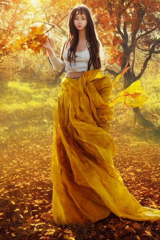 Image similar to The goddess of autumn harvest, tranquility, beautiful face, long hair, wearing wheat yellow gauze skirt, by wlop