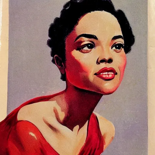 Image similar to “Tessa Thompson portrait, color vintage magazine illustration 1950”