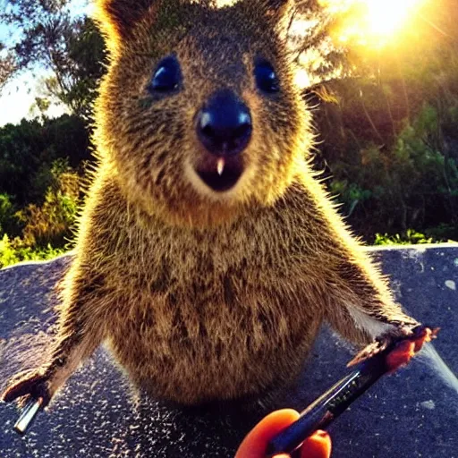 Prompt: happy quokka taking a selfie and smoking a joint, golden hour, ultra realistic