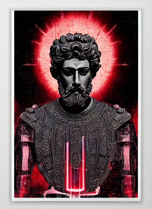 Prompt: dark design poster showing a heroic statue of marcus aurelius, black background with very subtle red and purple design elements, powerful, nekro, vito acconci, thin straight lines, dark, glitch art, neo vaporwave, gritty, layout frame, square, trending on artstation