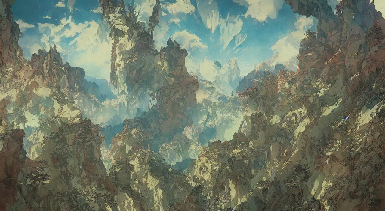 Image similar to A beautiful landscape painting of dystopian future in the mountains by Alfons Maria Mucha and Yoshitaka Amano and jean-honore fragonard