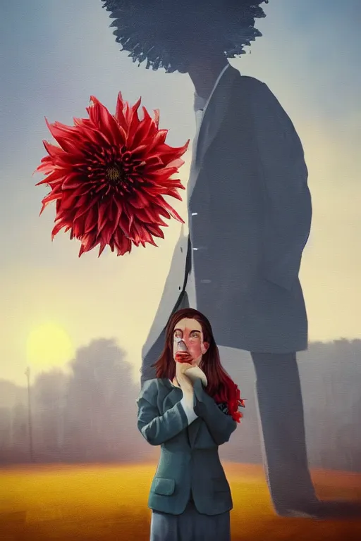 Image similar to portrait giant dahlia flower head, frontal, girl in a suit, standing in street, surreal photography, sunrise, dramatic light, impressionist painting, digital painting, artstation, simon stalenhag