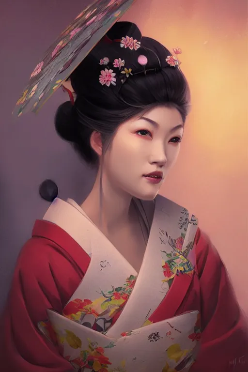 Image similar to Beautiful Geisha Portrait, character portrait art by Mandy Jurgens, 4k portrait, magical mood from japan, cgsociety