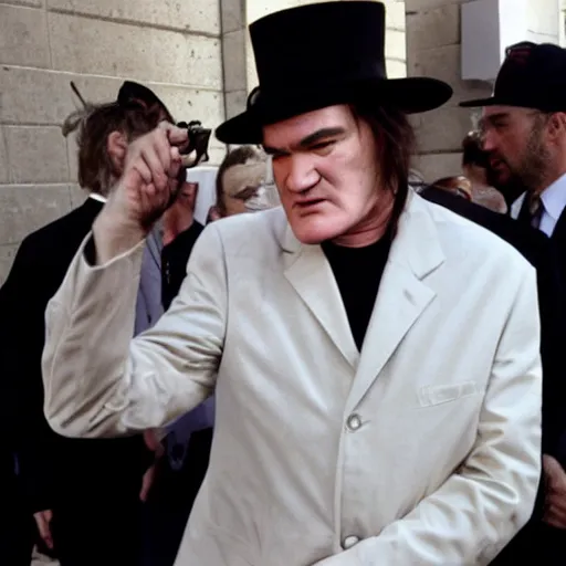 Image similar to quentin tarantino at a funeral, wearing a jewish hebrew kippah ( yarmulke ), paparazzi