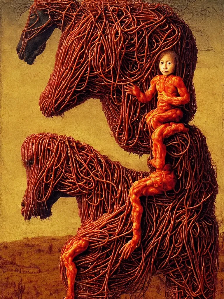 Image similar to a boy made of spaghetti and tomato sauce, sitting on top of a horse, autumn night, by giuseppe arcimboldo and ambrosius benson, renaissance, intricate and intense oil paint, a touch of beksinski and hr giger and edward munch, realistic