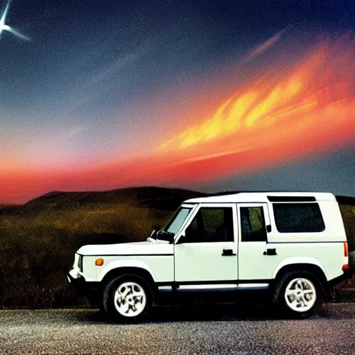 Image similar to land rover discovery driving down a windey road with noctoluminescent clouds in the sky, simplistic style, 1 9 8 0 s poster style