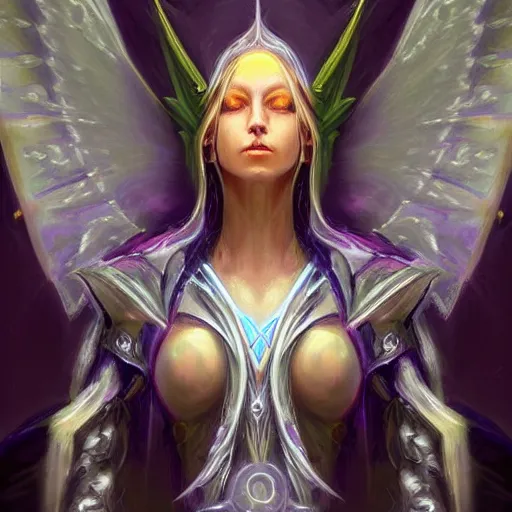 Image similar to Shoulder level close up portrait of a seraphim angel fused with wisp night elves from warcraft 3 , neo solar punk future future metaverse minimal intricate cyborg, sculpted technology tech techno angelic warrior by Mandy Jurgens, cartoon, oil painting , visionary art, symmetric, Heavenly symbols, holy halo, astral patterns, sci-fi