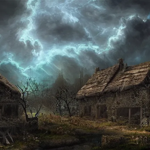 Image similar to a stunning painting of a a ruined village at the end of the world, digital art, hyper-detailed