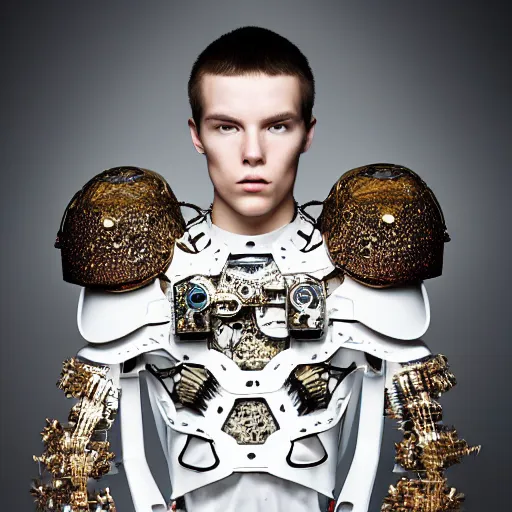 Image similar to a portrait of a beautiful young male wearing an alexander mcqueen armor made of computer circuits , photographed by andrew thomas huang, artistic