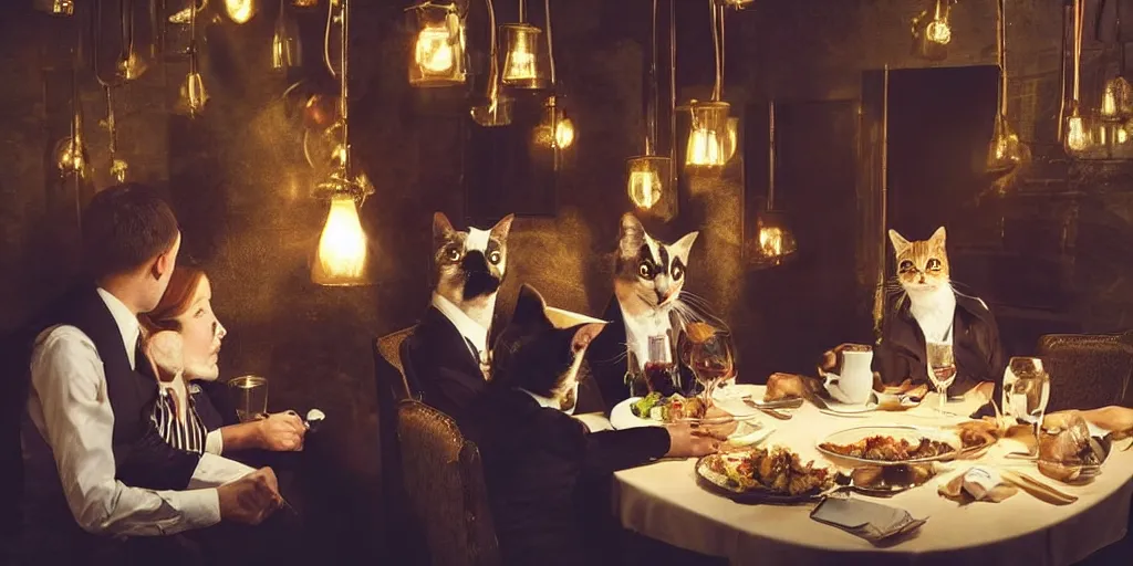 Prompt: cats and dogs wearing suits and dresses eating dinner at a restaurant, very atmospheric lighting, award winning photo, masterpiece