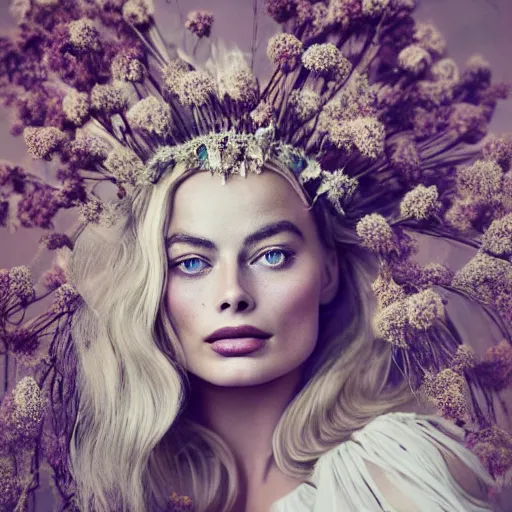 Prompt: fine art photo of the beauty goddess margot robbie, she has a crown of dried flowers, by oleg oprisco