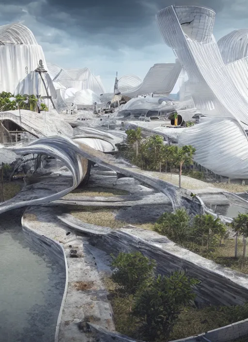 Image similar to virtual art exhibition, architecture installation in biennale venezia, bioremediation white mining tailing futuristic horizontal architecture, epic, cinematic, hyperealistic, high detailed, corona render, hdr, ray tracing