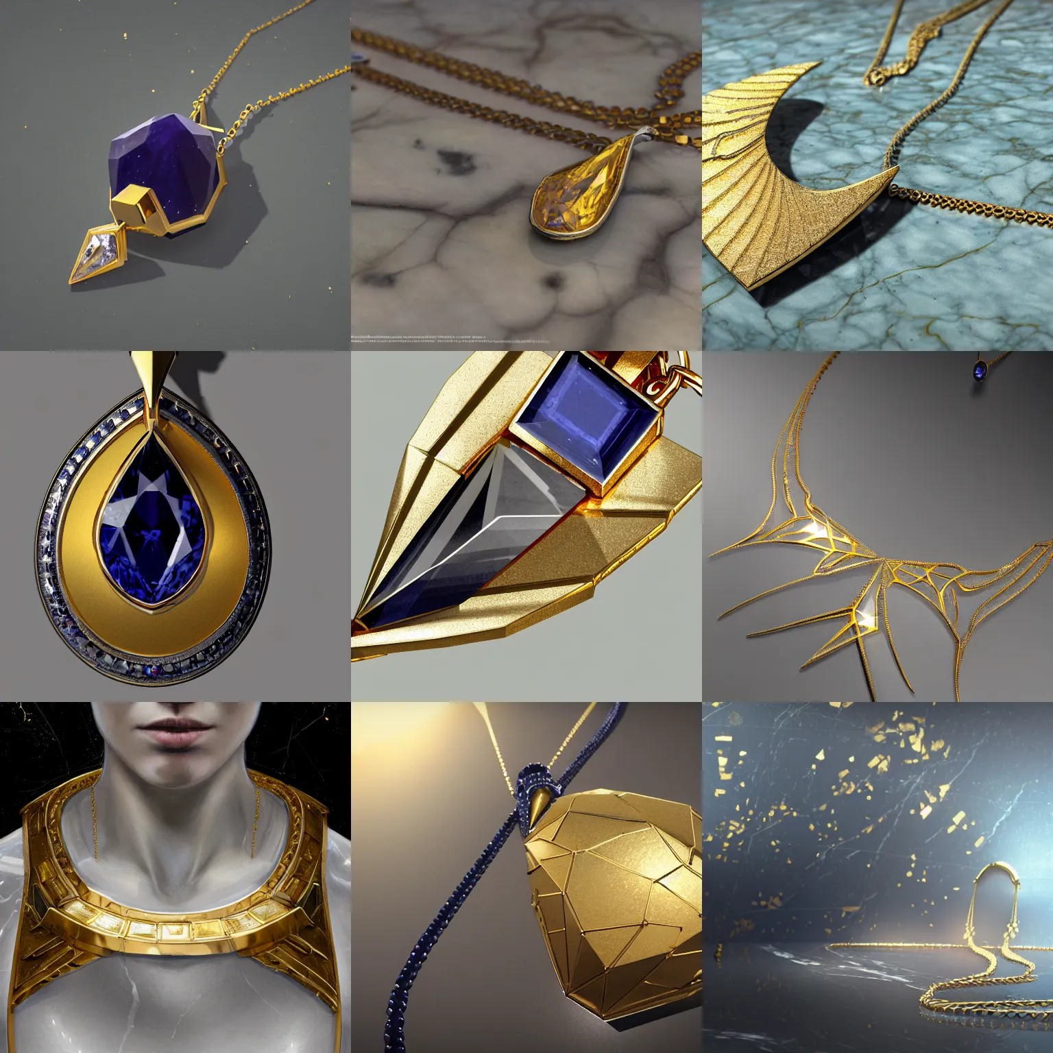 Prompt: A very highly detailed single large pointed faceted sapphire necklace with a thin gold chain and gold setting, resting on a polished marble countertop, digital rational painting art by Greg Rutkowski, sci-fi highly detailed, digital concept art, sharp focus, realistic concept art by Stephen Hickman and James Gurney and Hiromasa Ogura Ghost in the Shell rendered in Octane Render, From the distance