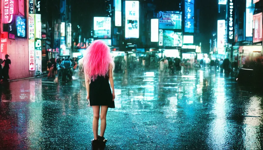 Image similar to street of shibuya photography, night, rain, mist, a girl with pink hair, cinestill 8 0 0 t, in the style of william eggleston