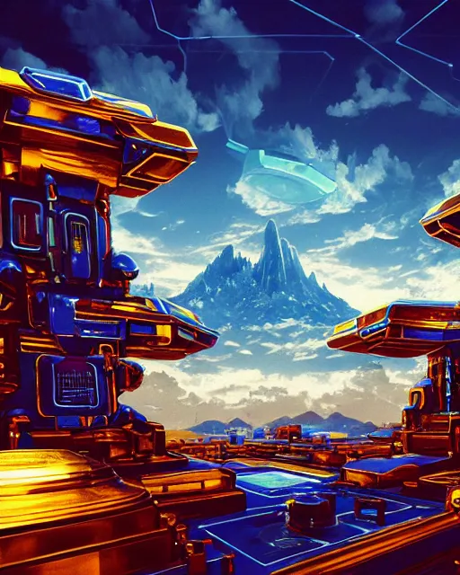 Image similar to cult of technology, exterior of scifi temple, machines, robots, ultra realistic, golden computers, blue, white, highly detailed, mountains, clouds, atmosphere, masterpiece, epic lighting, glowing wires, mysterious, illuminated, 4 k, cinematic, art by patryk olkiewicz and chris ostrowski and liang yao