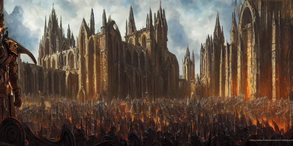 Prompt: highly detailed portrait painting of an ancient argardian gods battle, abbey warhammer battle, old abbey in the background, cathedrals, long giant columns, by eddie mendoza and tyler edlin, 8 k resolution