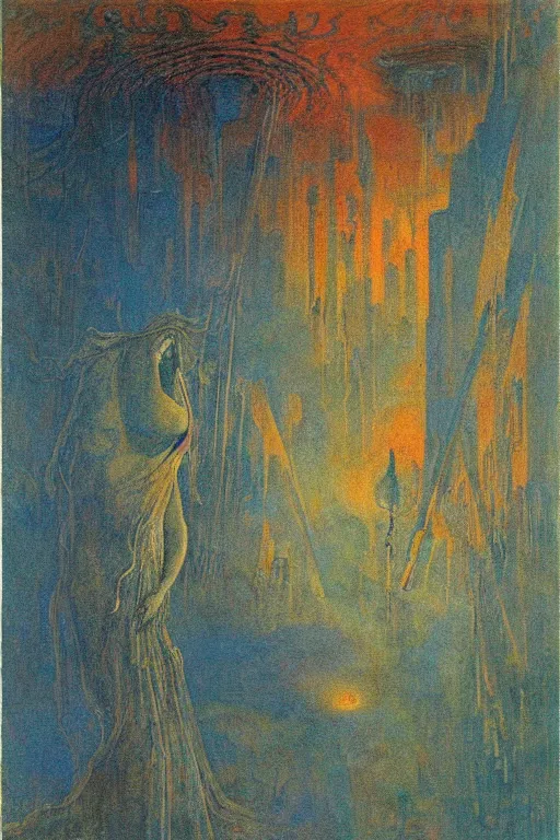 Prompt: bad dream, doom fantasy, mikalojus konstantinas ciurlionis