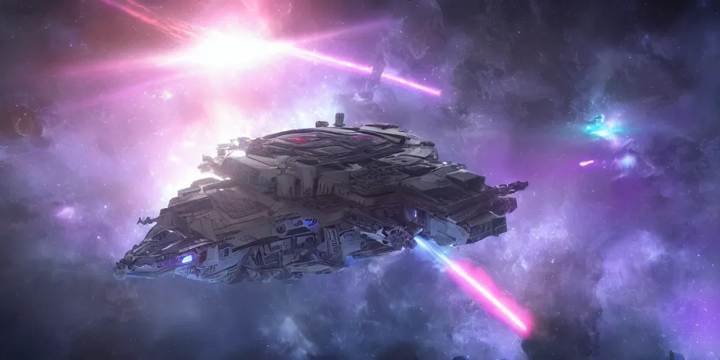 Image similar to A hi-tech capital spaceship preparing its laser weapons in space, purple space nebula, white stars in the background, dreadnought, warhammer 40K, realistic 4k octane beautifully detailed render, 4k post-processing, highly detailed, intricate complexity, epic composition, magical atmosphere, cinematic lighting, masterpiece, ultra hd
