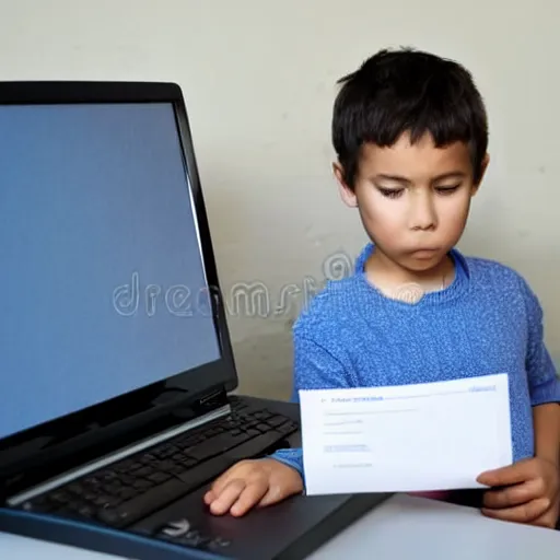 Image similar to child impatiently checks out exam results on a computer screen, stock photo, detailed, hd