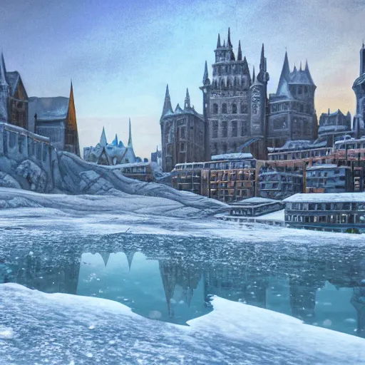 Image similar to a frozen lake with a city beneath it, fantastical, realistic