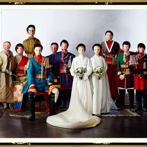 Prompt: a wide full shot, colored russian and japanese mix historical fantasy of a photograph taken of the royal groom and the best men, photographic portrait, warm lighting, 9 0 7 photo from the official wedding photographer for the royal wedding.