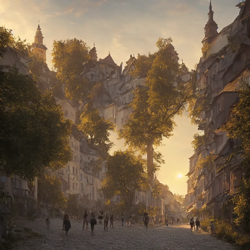 Image similar to a beautiful photo of banska stiavnica in summer with old houses and trees in sunset, sky, people walking on street, unreal engine, by greg rutkowski and james gurney, artstation