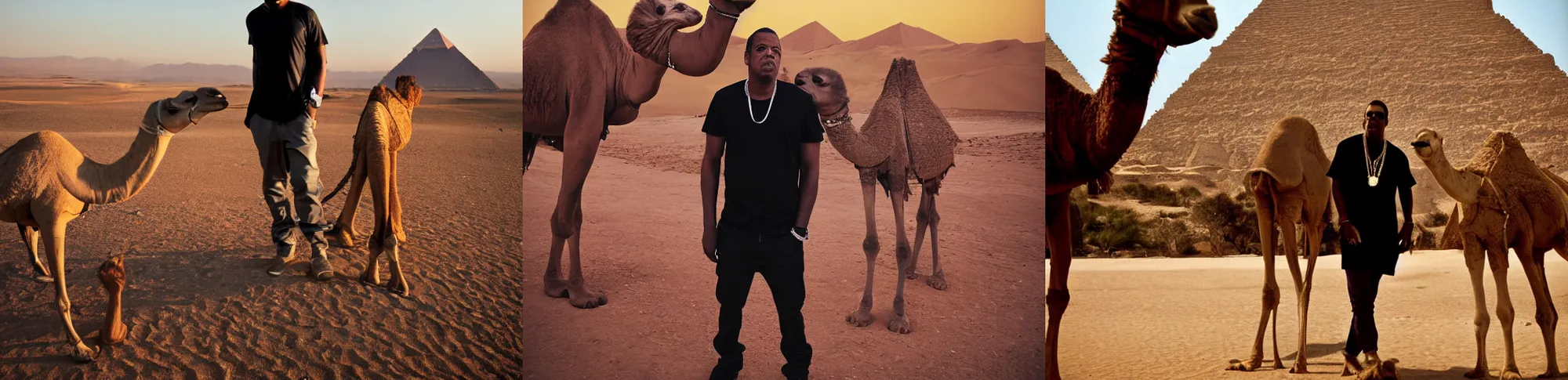 Prompt: jay - z, jay - z wearing a black t - shirt and skinny jeans, standing next to a camel, sand desert, pyramids in background, photography by paul kessel, good lighting, no blur, close up shot