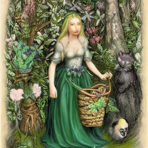 Image similar to In the body art Vasilisa can be seen standing in the forest, surrounded by animals. She is holding a basket of flowers in one hand and a spindle in the other. Her face is turned towards the viewer, with a gentle expression. In the background, the forest is depicted as a dark and mysterious place. botanical illustration, pastel green by Genndy Tartakovsky, by Charles Angrand peaceful