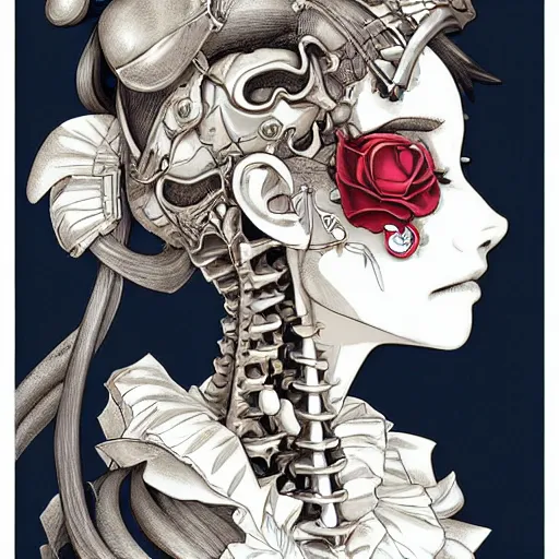 Image similar to anime manga skull profile young woman skeleton, minnie mouse, marge simpson, unreal engine, intricate, elegant, highly detailed, digital art, art by JC Leyendecker and sachin teng
