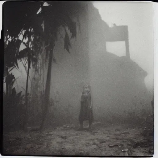 Image similar to an ancient evil-girl devouring the souls of the human kind on an abandoned house, Colombian jungle, mist, 1910 polaroid photography, grainy film, Black and white