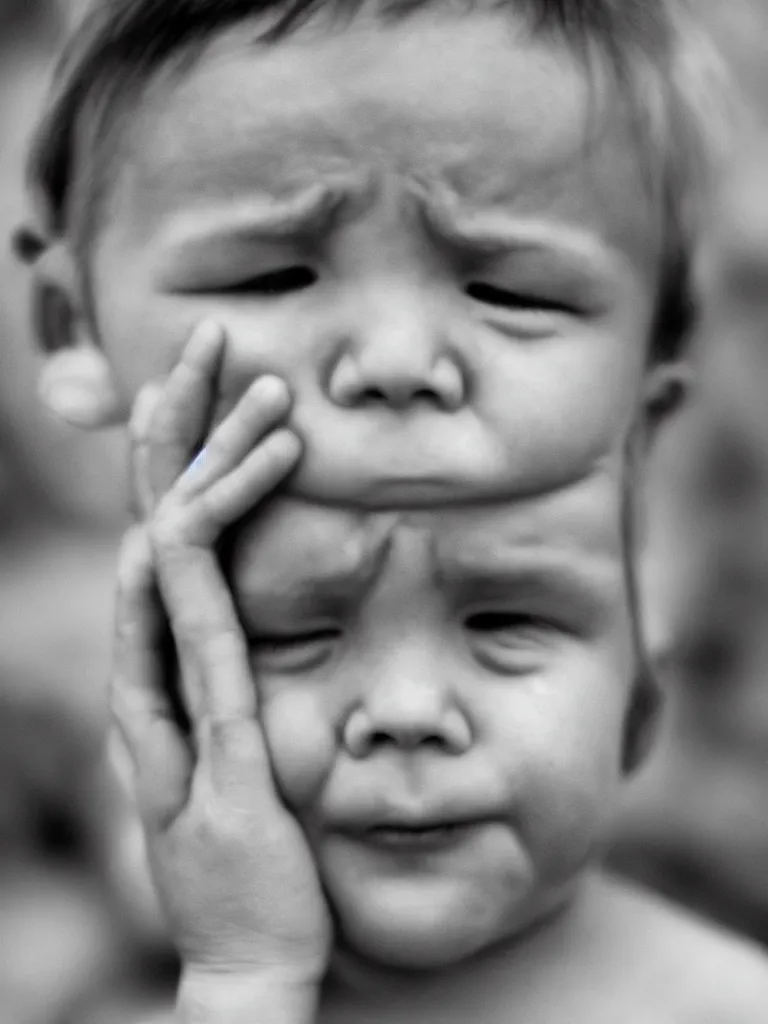 Image similar to High resolution black and white portrait with a 35mm F/5.0 lens of a single child, single head, from Soviet Russia with eyes closed with a sorrowful face about to cry.