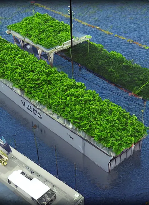 Image similar to a cargo ship that has an algae vertical farm built on it, futuristic, ultra-realistic, Unreal Engine