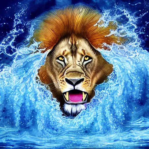 Image similar to a male lion's face breaching through a wall of water, water sprites, splashing, deep blue water color, highly detailed, realistic digital art