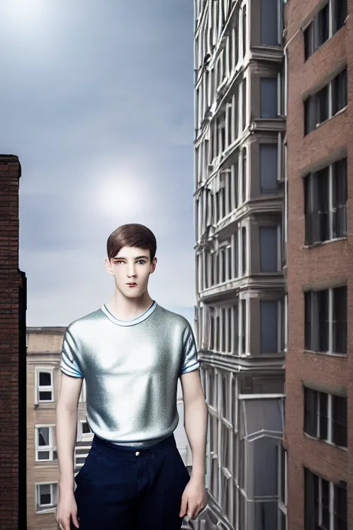 Image similar to un ultra high definition studio quality photographic art portrait of a young man standing on the rooftop of a british apartment building wearing soft padded silver pearlescent clothing. three point light. extremely detailed. golden ratio, ray tracing, volumetric light, shallow depth of field. set dressed.