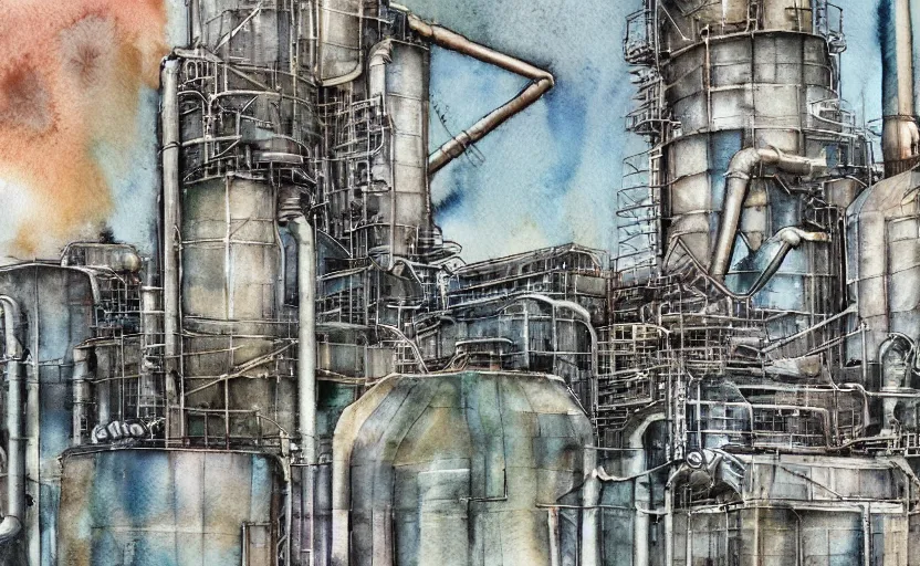 Image similar to Industrial complex Watercolor, highly detailded