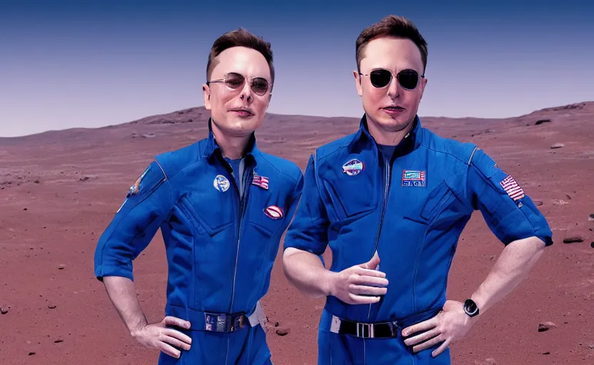 Prompt: mars spacex blue origin movie poster featuring elon musk and jeff bezos, smiling