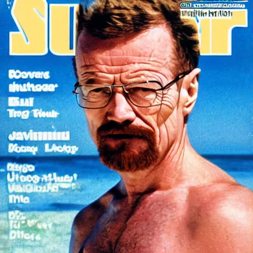 Prompt: Walter White on the cover of Swimsuit Illustrated (1985)