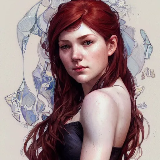 Image similar to A full portrait of Mary Jane Watson, intricate, elegant, highly detailed, digital painting, artstation, concept art, smooth, sharp focus, illustration, art by Krenz Cushart and Artem and bouguerea Demura and alphonse mucha