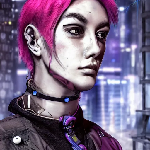 Image similar to detailed realistic cyberpunk female character cyberpunk wearing steel collar around neck, realistic, art, beautiful, 4K, collar, choker, collar around neck, punk, artstation, detailed, female, woman, choker, cyberpunk, neon, punk, collar, choker, collar around neck, thick collar, choker around neck, wearing choker, wearing collar, bright neon punk hair,