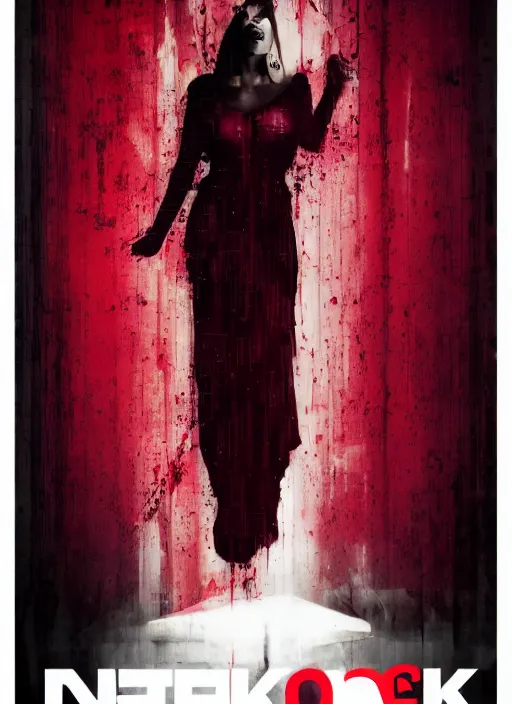 Image similar to dark design poster, realistic, portrait of a vampire woman in a long red dress, black background with very subtle red and purple design elements, powerful, nekro, vito acconci, thin straight lines, dark, glitch art, neo vaporwave, gritty, layout frame, square, extremly detailed, trending on artstation