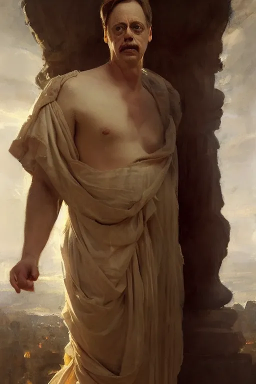 Image similar to beautiful oil painting portrait of ancient roman god emperor steve buscemi wearing the civic crown levitating and ascending religious pose, ascension, art by anders zorn, wonderful masterpiece by greg rutkowski, expressive brush strokes, beautiful cinematic light, american romanticism by greg manchess, jessica rossier