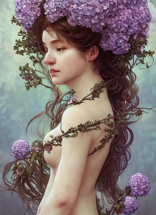 Image similar to a photographic portrait of a anthropomorphic hydrangea blossom goddess spirit, fantasy, wind blowing hair, intricate, elegant, highly detailed, digital painting, artstation, concept art, smooth, sharp focus, illustration, art by artgerm and h r giger and alphonse mucha