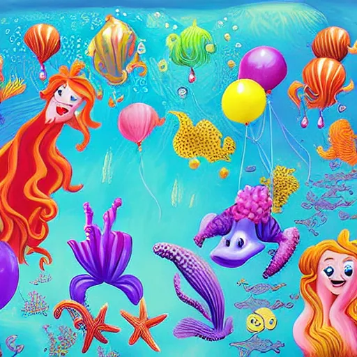 Image similar to balloon animals, under the sea, little mermaid magical kingdom, digital art